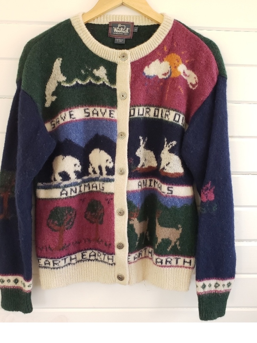 VTG Woolrich Womens Cardigan Sz L Multicolor Save the Earth Animal Knit Novelty